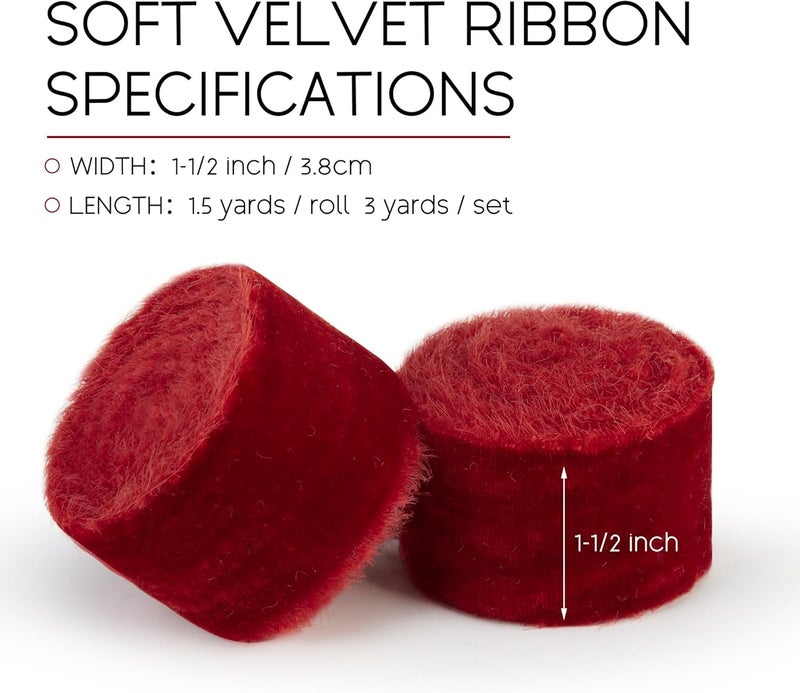 Keypan Red Velvet Ribbon for Christmas Tree - 1 1/2 inch Wide Handmade Fringe Fabric Ribbons for Gift Wrapping, Baby Shower, Flower Bouquet - Image 2